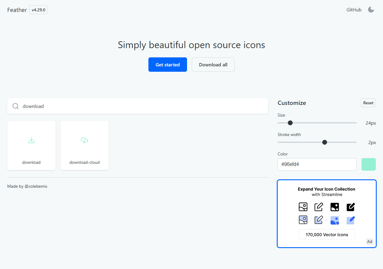 Featherでdownloadを検索した実画面。downloadとdownload-cloudの候補、色・大きさ・線幅の設定が表示されている