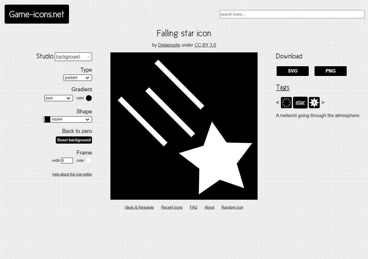Game-icons.netのFalling star公式ページ。上に作者DelapouiteとCC BY 3.0、右側にSVGとPNGの保存ボタンがある