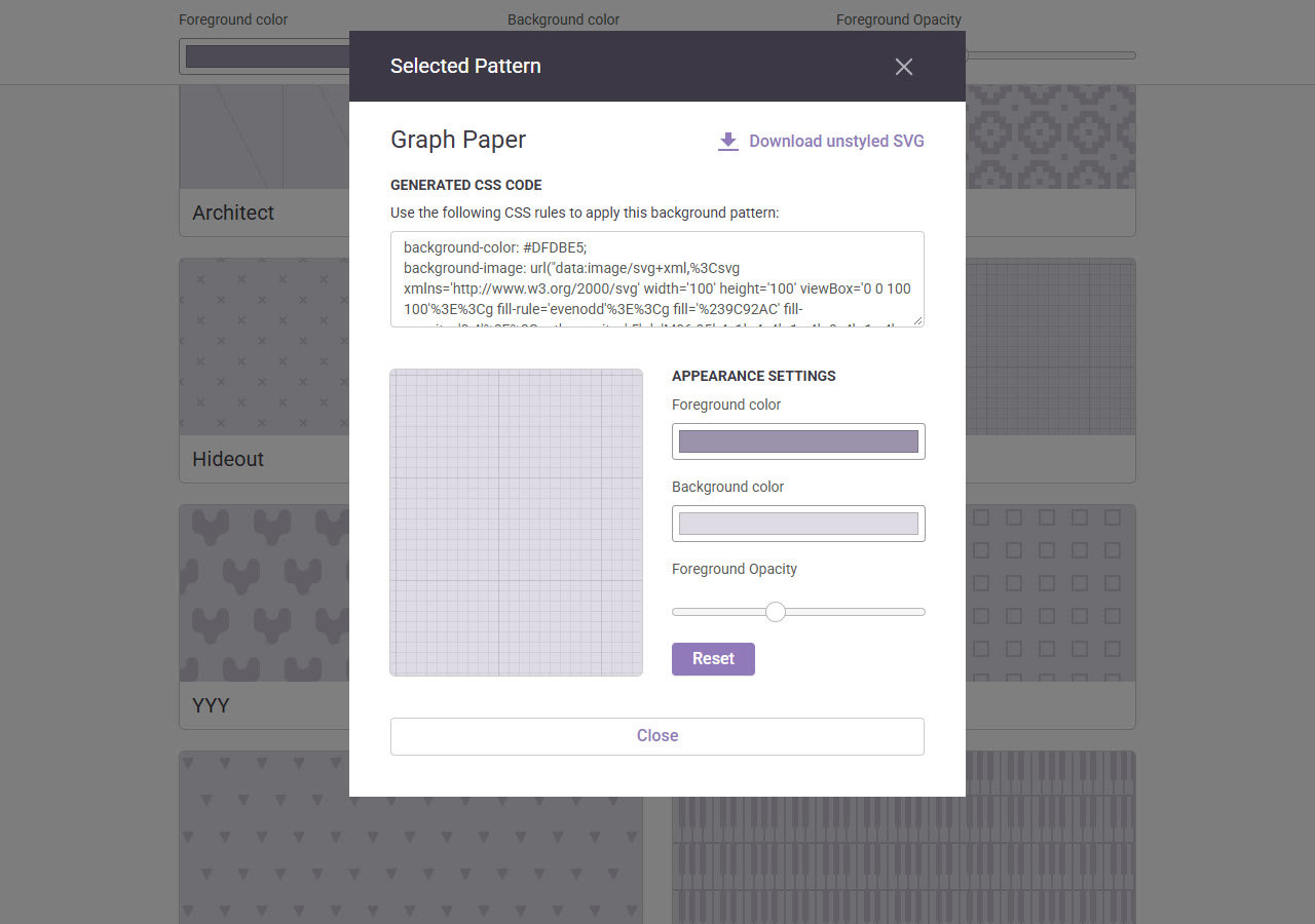 Hero PatternsでGraph Paperを選び、SVGダウンロードへのリンクを開いた実画面