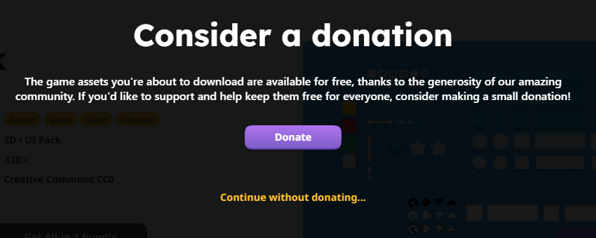 寄付案内。中央にDonate、その下にContinue without donatingのリンク