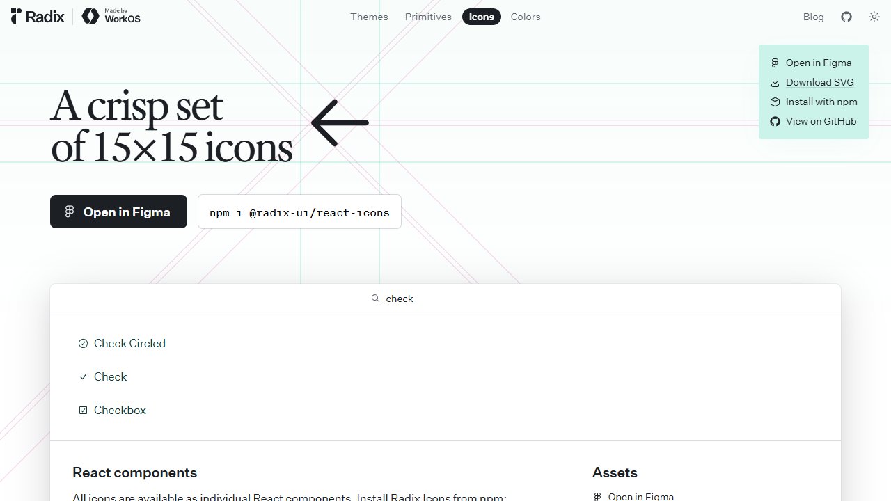Radix Iconsの公式検索欄へcheckを入れた実画面