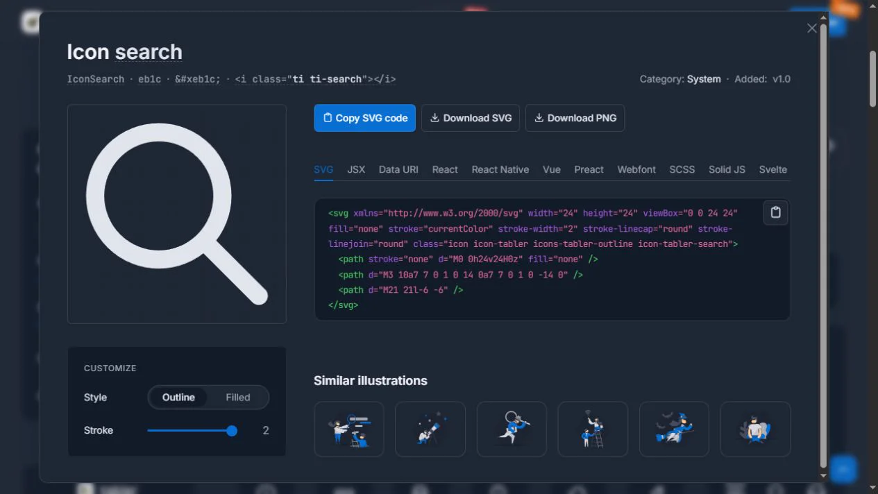 searchアイコンの詳細画面。SVGコード、Copy SVG code、Download SVG、Download PNGの入口
