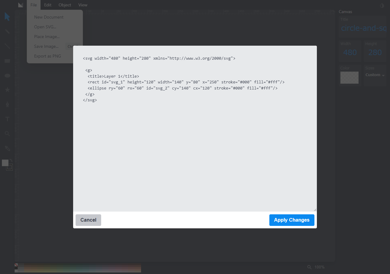 Method DrawでCtrlとUを押して表示したSVGコード。幅480・高さ280、rectとellipseの要素がある