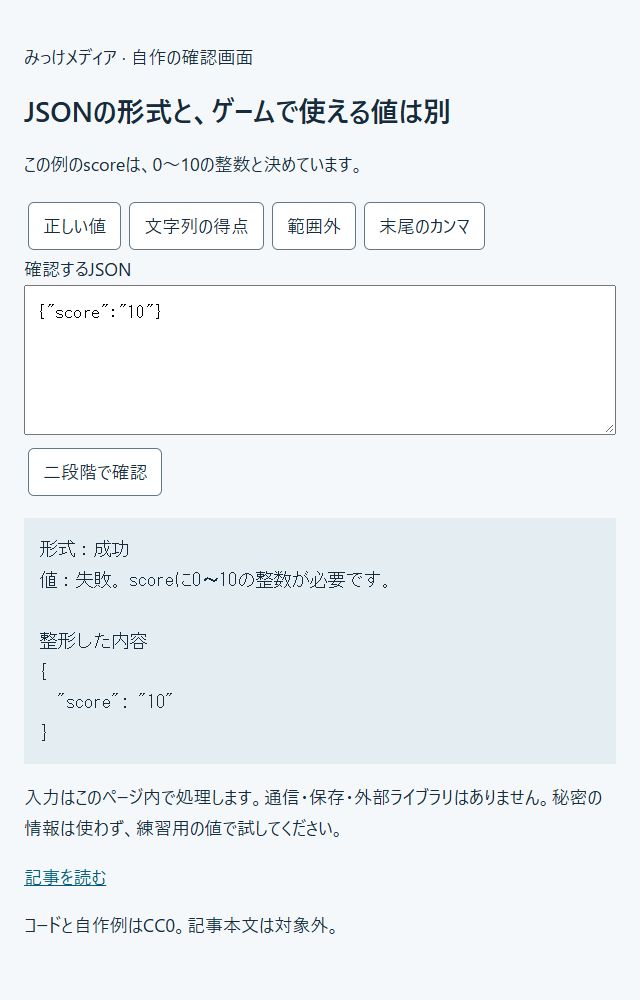 scoreが文字列の10になっているJSON。形式は成功、0〜10の整数という値の確認は失敗と表示されている